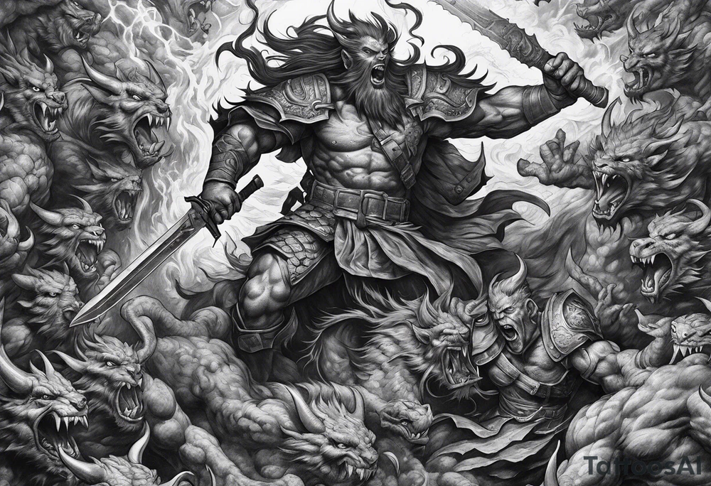A soldier battling demons in hell tattoo idea