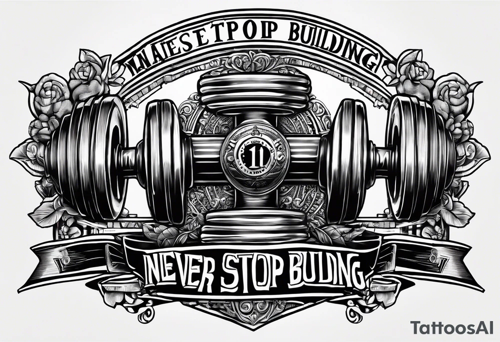 The text "Never Stop Building" with an image of a dumbell and angle brackets tattoo idea