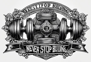 The text "Never Stop Building" with an image of a dumbell and angle brackets tattoo idea