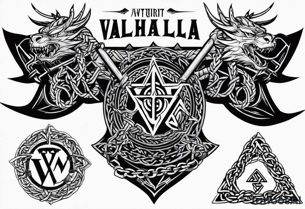 Valhalla sword shield dragon axe Valknut barbed wire chains tattoo idea Valhalla sword shield dragon axe Valknut barbed wire chains tattoo idea