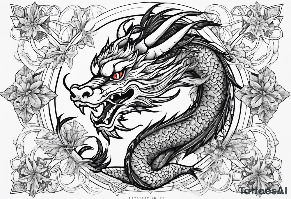 japanese dragon, celestial, cross, snowflake tattoo idea