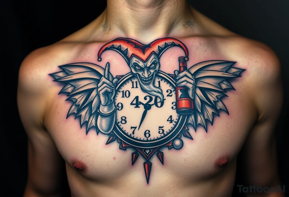 a evil jester clown floating in smoke with a  clock, the time says 420,  with two open wings besides the clock, smoke as the spring rising from the clock, a jester clown coming out the smoke, smoking in one hand with a liquor bottle on the other hand tattoo idea
