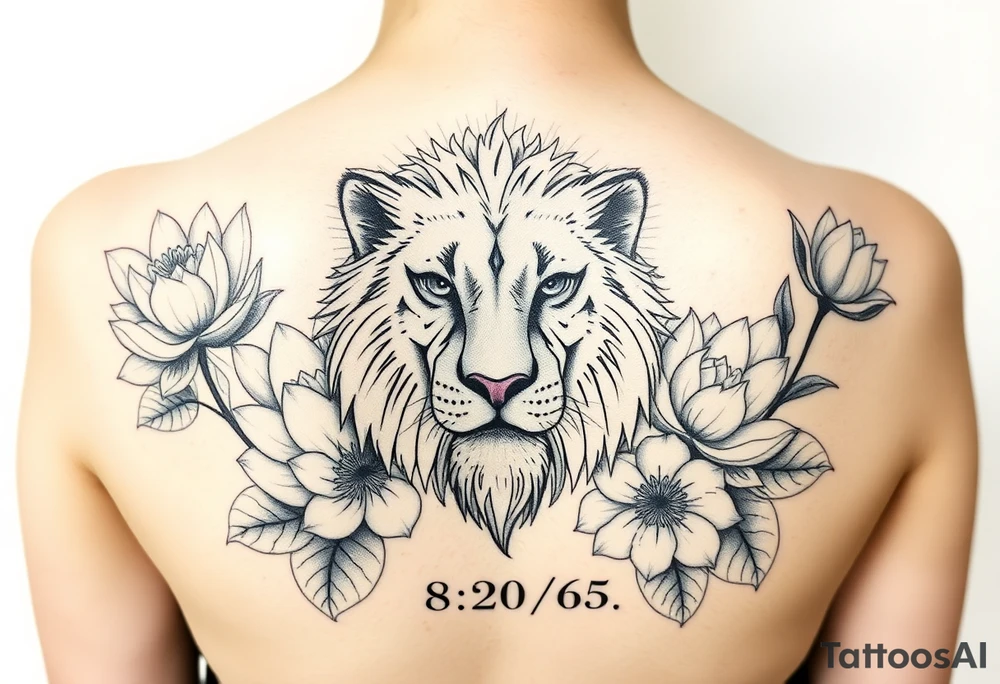 lion face as one of the lotus flowers then the rest blooming lotus flowers in mist with the date 8/20/65 flowers surrounding lion tattoo idea