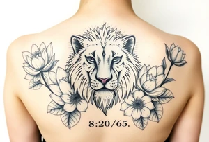 lion face as one of the lotus flowers then the rest blooming lotus flowers in mist with the date 8/20/65 flowers surrounding lion tattoo idea