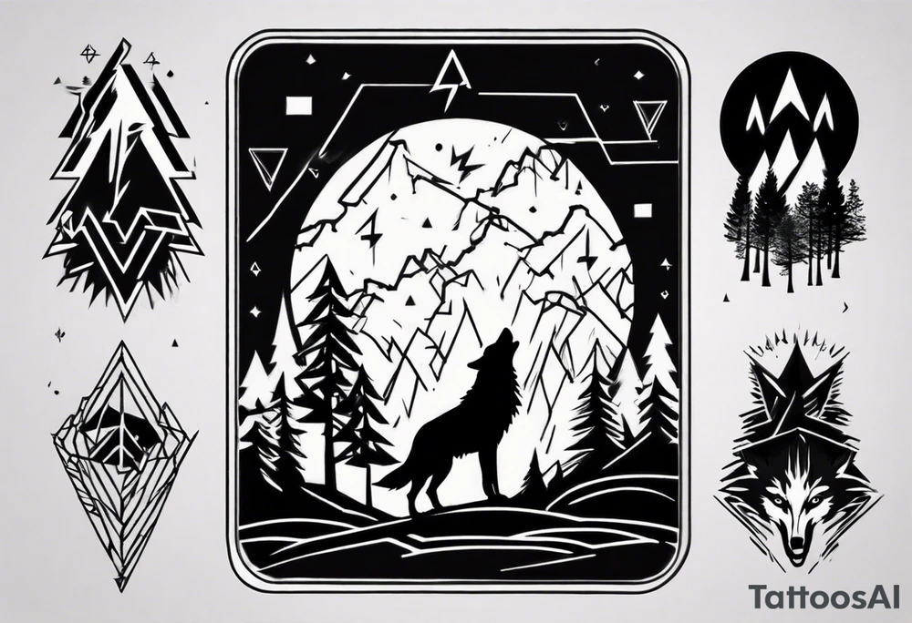 lightning over forest with wolf howling tattoo idea