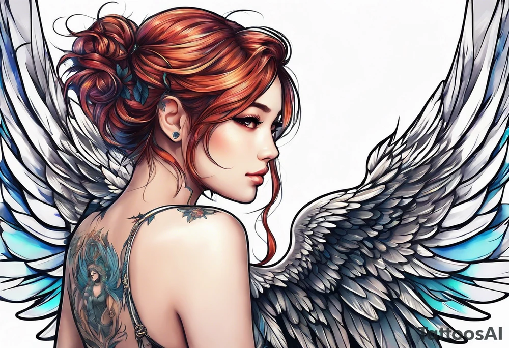 girl angel side profile, with wings, with floating halo, anime style tattoo idea