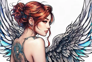 girl angel side profile, with wings, with floating halo, anime style tattoo idea