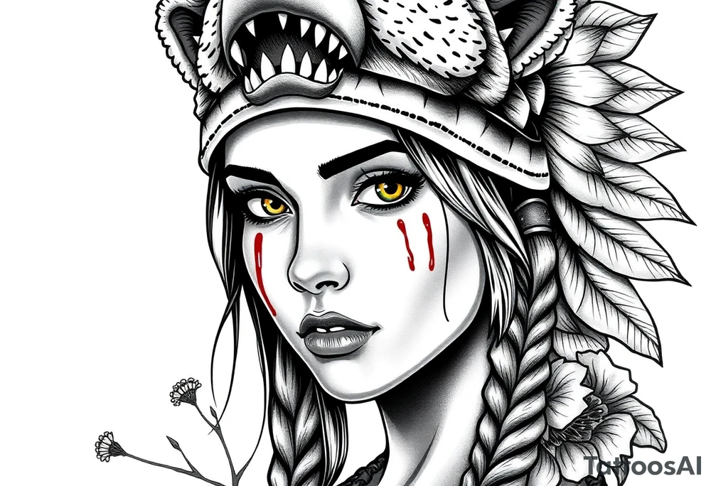 Young Symmetrical Beautiful Woman, looking forward, with colored eyes, shedding a tear, with battle scars and blood on face, with soft look, wearing a mean looking bear headdress on head, with dead flower background tattoo idea