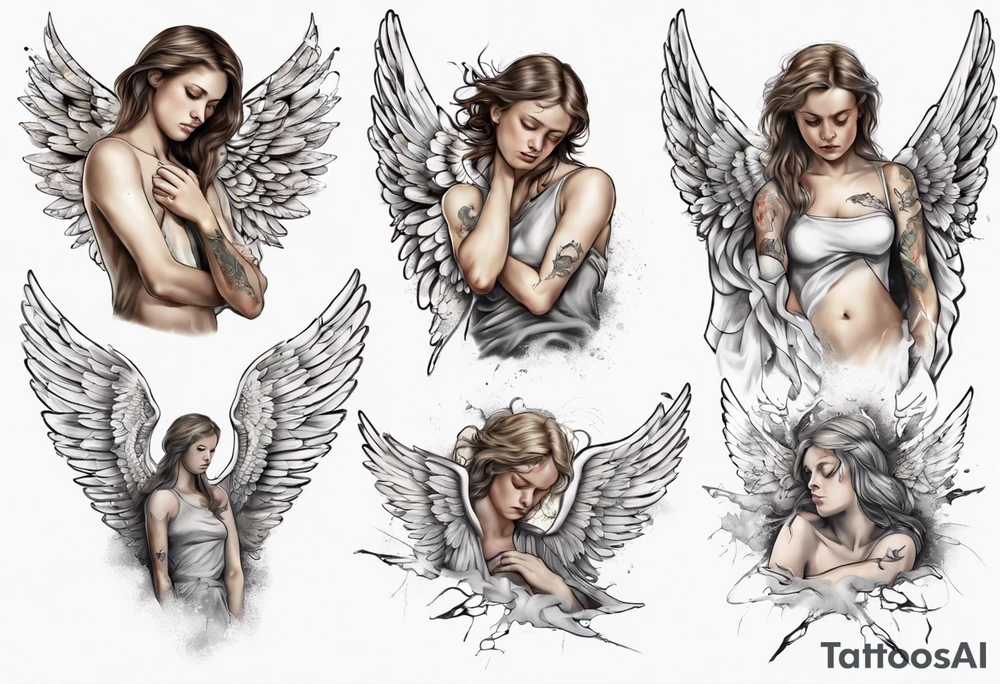 Tired guardian angel with broken wings tattoo idea