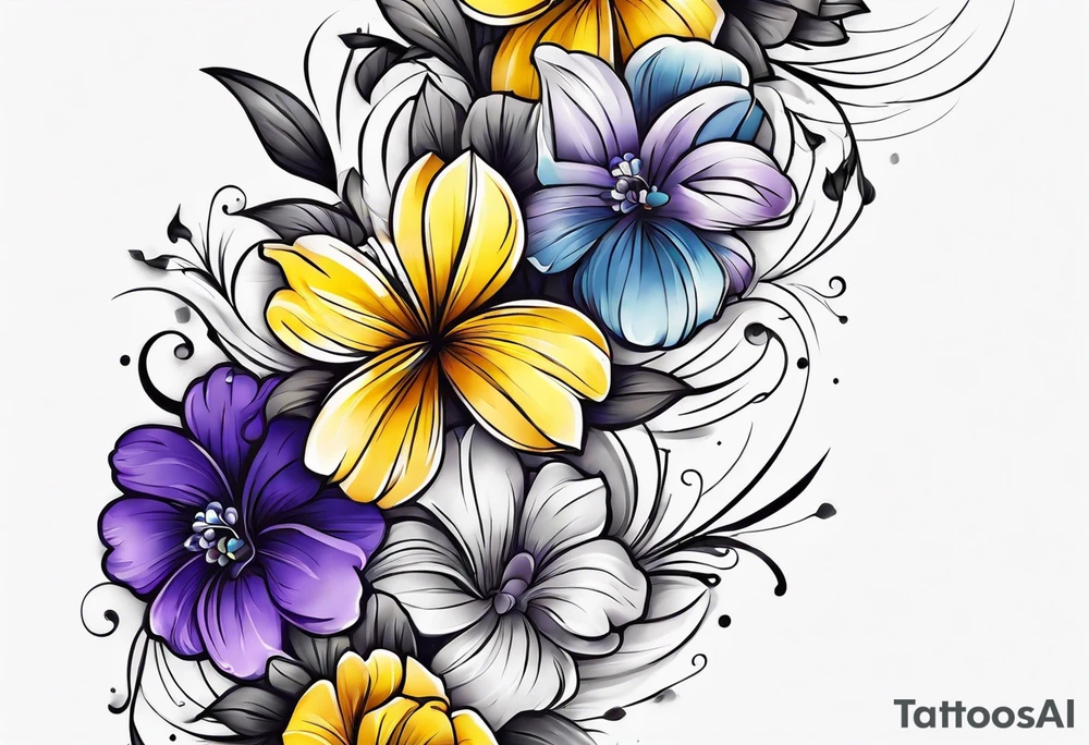A cross with purple, yellow and blue flowers arm sleeve tattoo idea