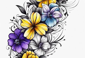 A cross with purple, yellow and blue flowers arm sleeve tattoo idea