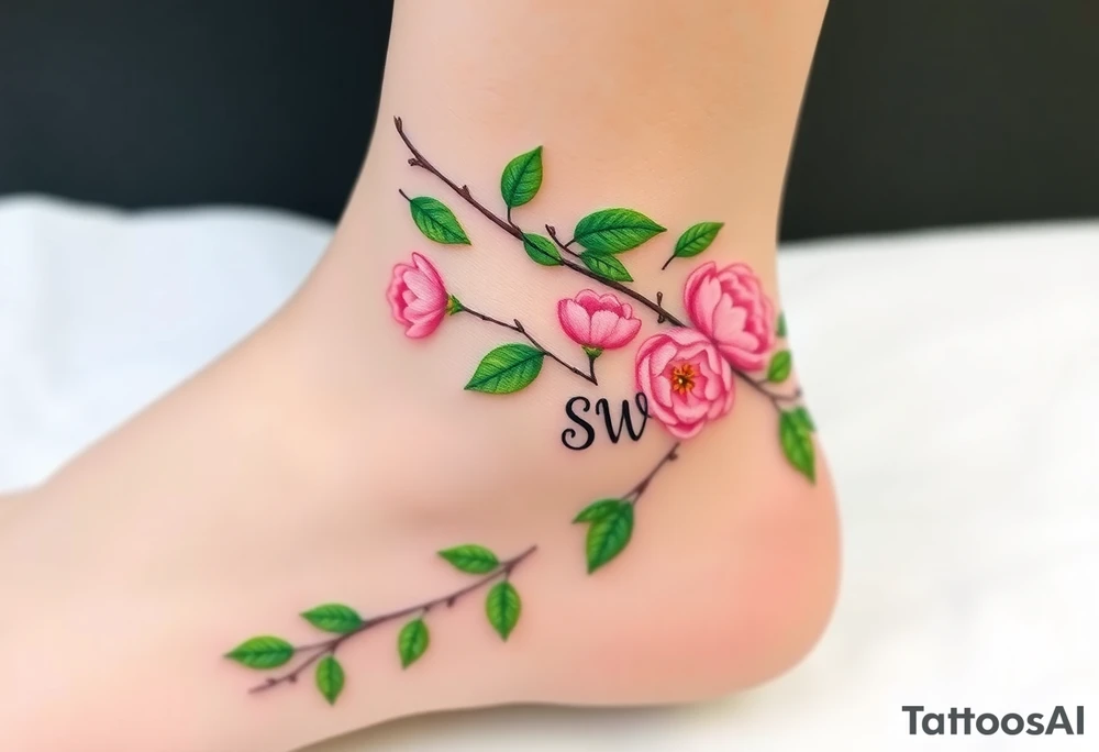 Create a dainty ankle tattoo of vining green leaves that wrap around the ankle horizontally like a bracelet.  Add 2 small pink peonies placed together.  Add the cursive initials SW. Add the initials DD tattoo idea
