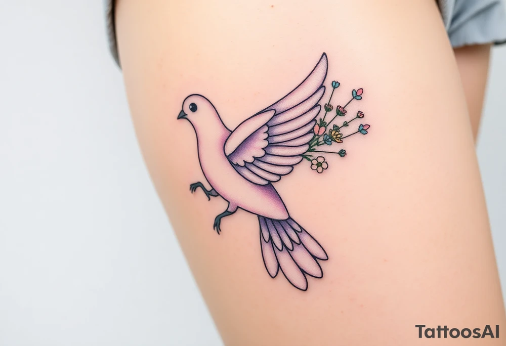 A collared dove with a bouquet of wildflowers in its talons, in soft pastel tones like lavender, peach, and pale blue, representing love and freedom in nature tattoo idea