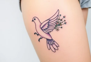 A collared dove with a bouquet of wildflowers in its talons, in soft pastel tones like lavender, peach, and pale blue, representing love and freedom in nature tattoo idea