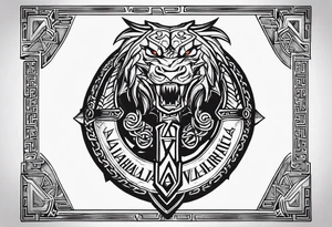 Valhalla sword shield dragon axe Valknut chains 
 steps tattoo idea