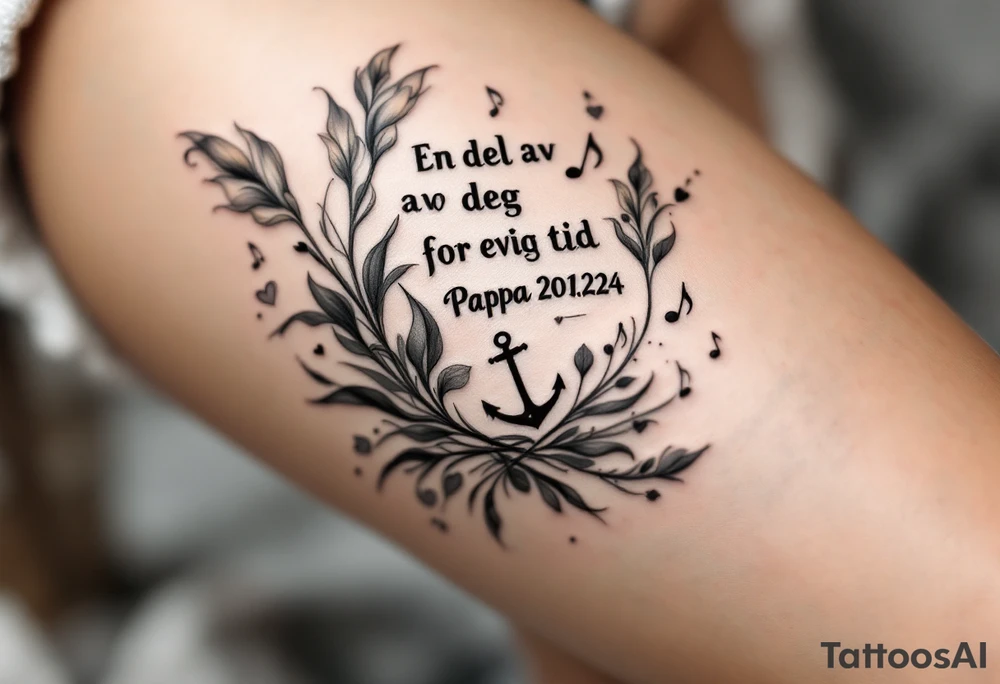 «En del av deg for evig tid
Pappa 20.12.24» Surrounded by long gladiolus, hearts, notes and an anchor tattoo idea