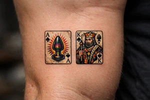 Two regal playing cards, Ace and King of Spades, butt plug replacing spades, vintage tattoo flash. tattoo idea