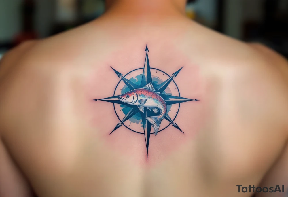 Catfish and Compass – A swimming catfish with muted ocean colors (deep blue, gray-green) circling a compass rose, symbolizing direction, exploration, and returning home. tattoo idea