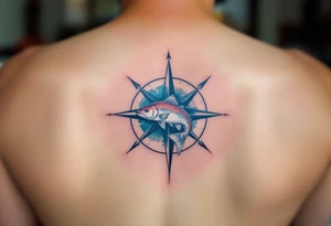 Catfish and Compass – A swimming catfish with muted ocean colors (deep blue, gray-green) circling a compass rose, symbolizing direction, exploration, and returning home. tattoo idea