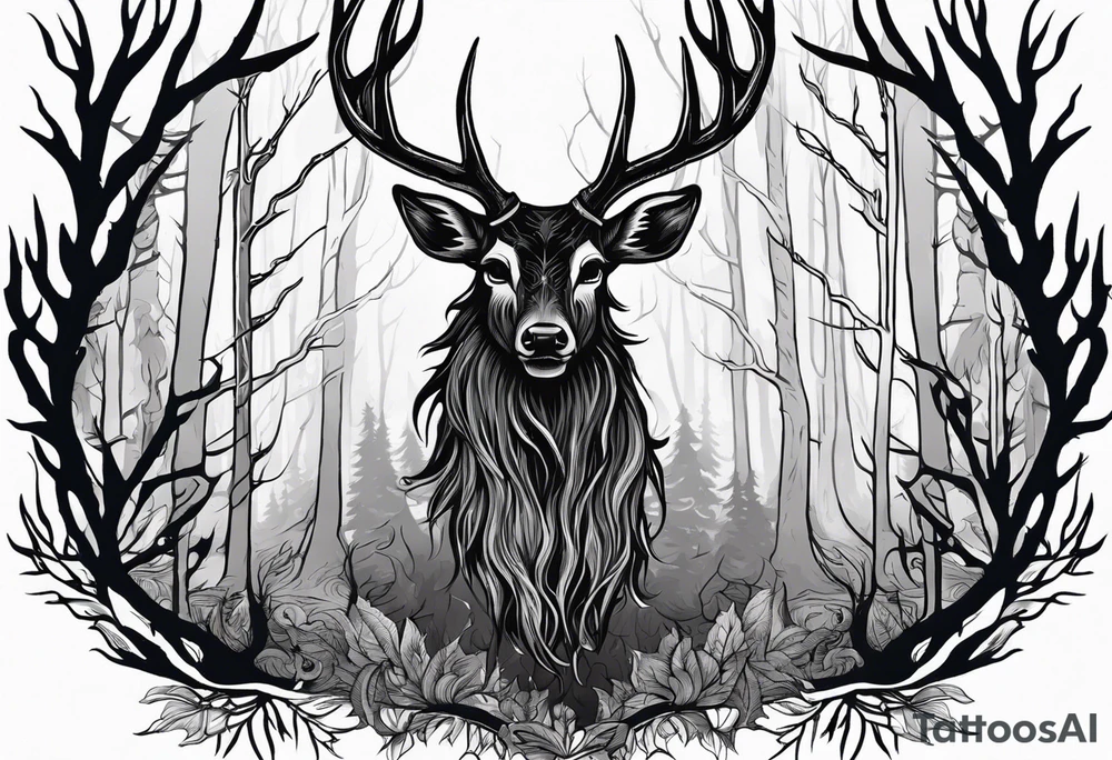 A wendigo with a deer skull head with flames behind in a forest tattoo idea