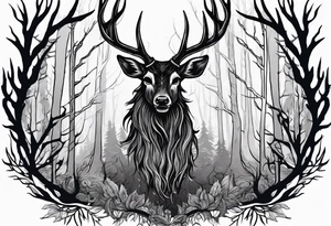 A wendigo with a deer skull head with flames behind in a forest tattoo idea