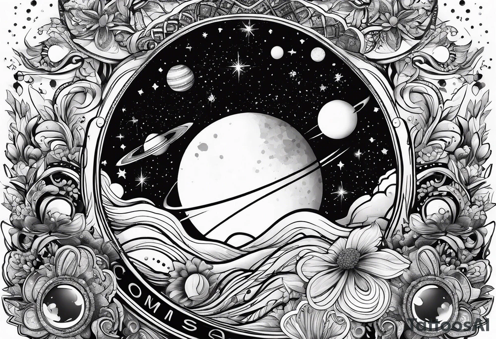 Cosmos with galaxies and planets tattoo idea