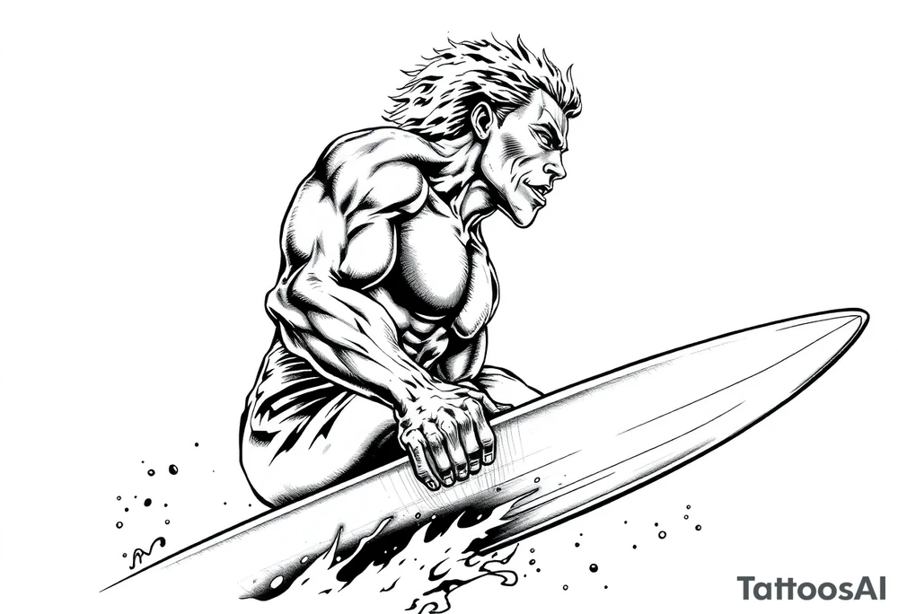 comic hero silver surfer on his board looking over in deep thought as he is in the sky tattoo idea
