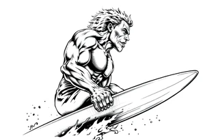 comic hero silver surfer on his board looking over in deep thought as he is in the sky tattoo idea