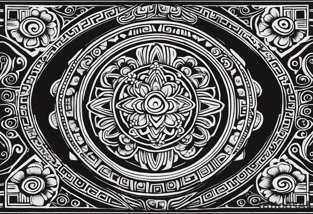 Create a masculine mayan tattoo design carved in stone featuring three flower buds of Gypsophila spp. The design should incorporate sharp, geometric patterns inspired by ancient Mayan glyphs and carvings, emphasizing strength and symmetry. The flower buds should be stylized with angular, bold lines, set within intricate, sacred Mayan motifs. The overall design should evoke harmony and balance, symbolizing the calming frequency of 432 Hz through symmetrical and flowing element tattoo idea