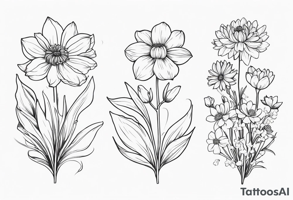 Narcissus, Chrysanthemum, Cosmos, snow drop that shows all the flower stems for the back of the arm. Fine line tattoo idea