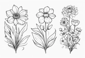Narcissus, Chrysanthemum, Cosmos, snow drop that shows all the flower stems for the back of the arm. Fine line tattoo idea