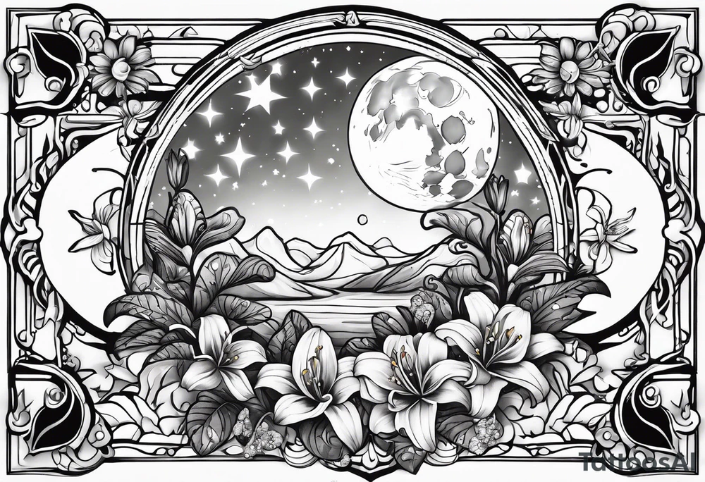 moon with crystals, mushrooms, and lily’s and daisy’s tattoo idea