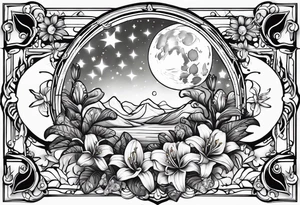 moon with crystals, mushrooms, and lily’s and daisy’s tattoo idea