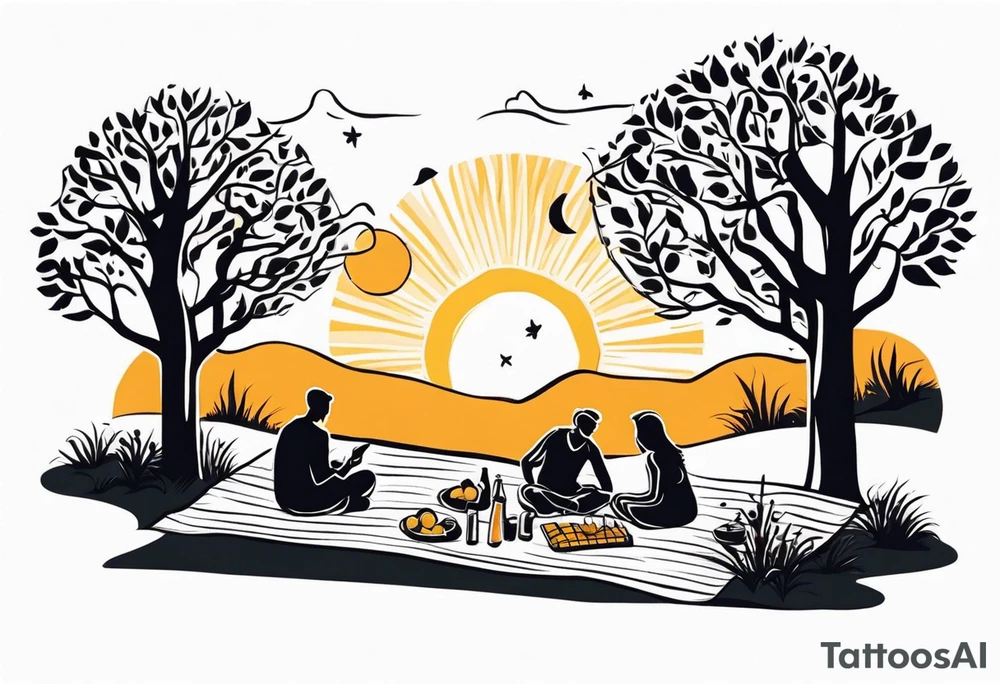 minimalstic picnic scene in nature on a blanket, with tennants in one tree and sun in the sky tattoo idea