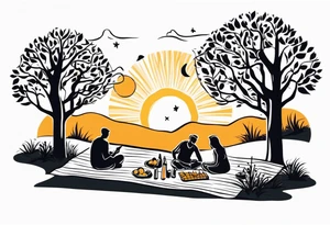 minimalstic picnic scene in nature on a blanket, with tennants in one tree and sun in the sky tattoo idea