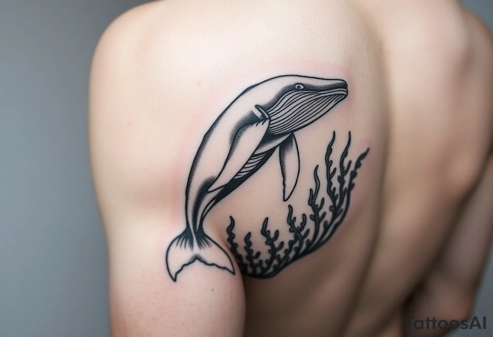 Forearm design, size = most of forearm.   Illustrative B/W with heavy linework, some shading and artistic styling.   Humpback whale that is breaching.  Kelp underwater framing whale as it emerges. tattoo idea