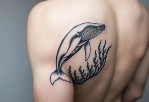 Forearm design, size = most of forearm.   Illustrative B/W with heavy linework, some shading and artistic styling.   Humpback whale that is breaching.  Kelp underwater framing whale as it emerges. tattoo idea