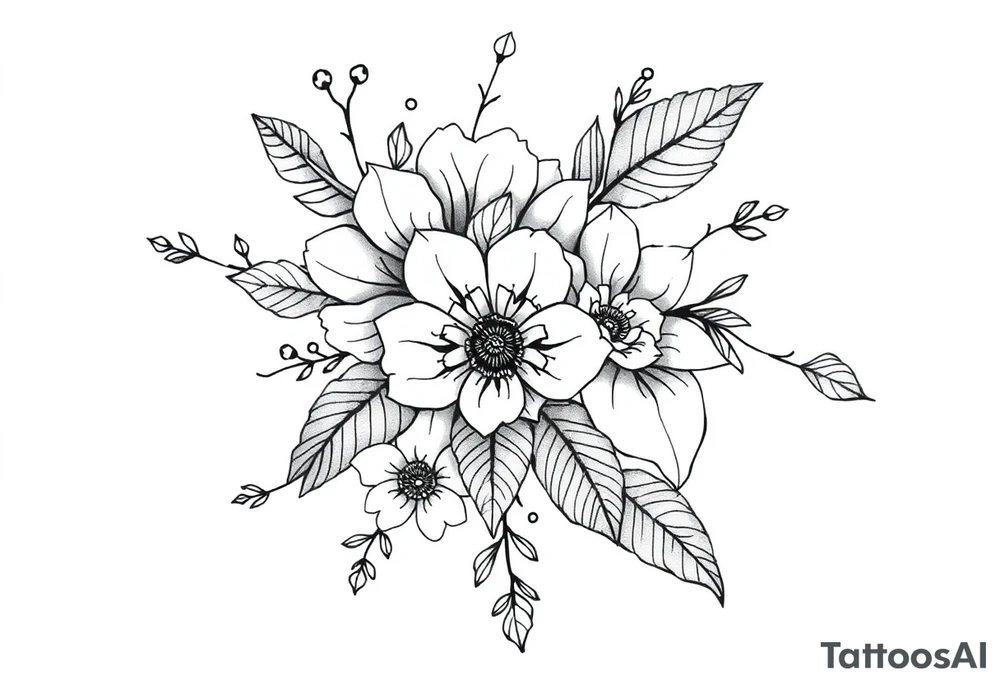 floral composition with japanese vibe, mutiple ornemental patern and leaf, dot geometric ornement, lycoris tattoo idea