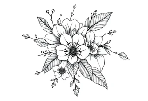 floral composition with japanese vibe, mutiple ornemental patern and leaf, dot geometric ornement, lycoris tattoo idea