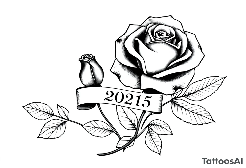 two beautiful large rose buds, one larger than the other, with many leaves next to the rose buds, with one sitting higher than the other. Include a banner connecting the two roses with the year "2025" on it.   Use dark outlines with little shading. The two stems should be short, not long, and connect and join into one stem, whimsically curved or twisted - not straight down. tattoo idea