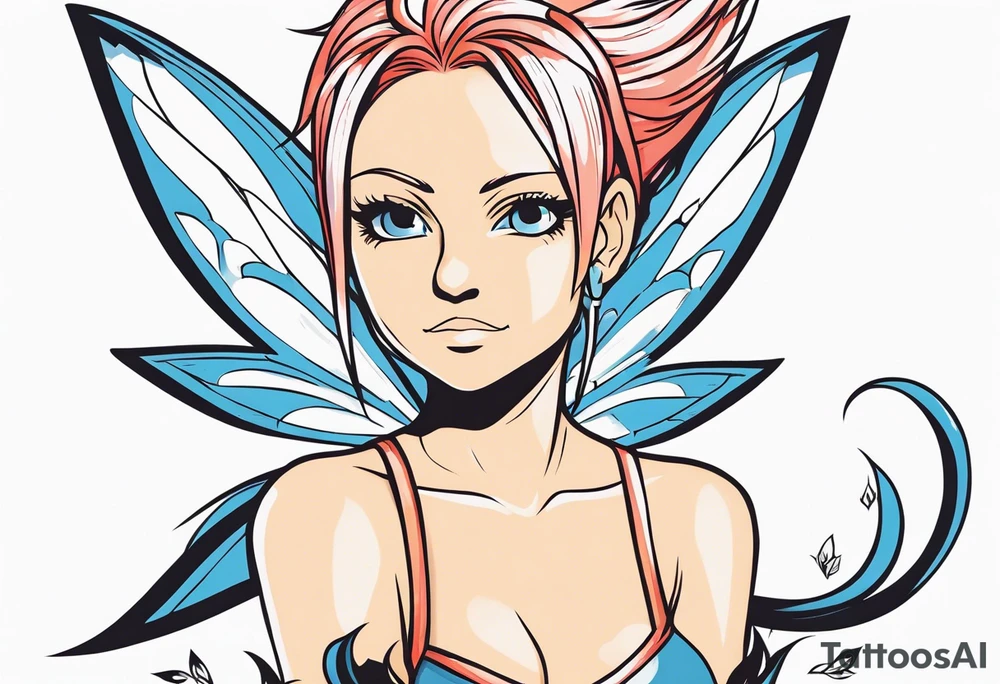A fairy with a tail inspired by the logo of the show called Fairy Tail in a fetal position tattoo idea