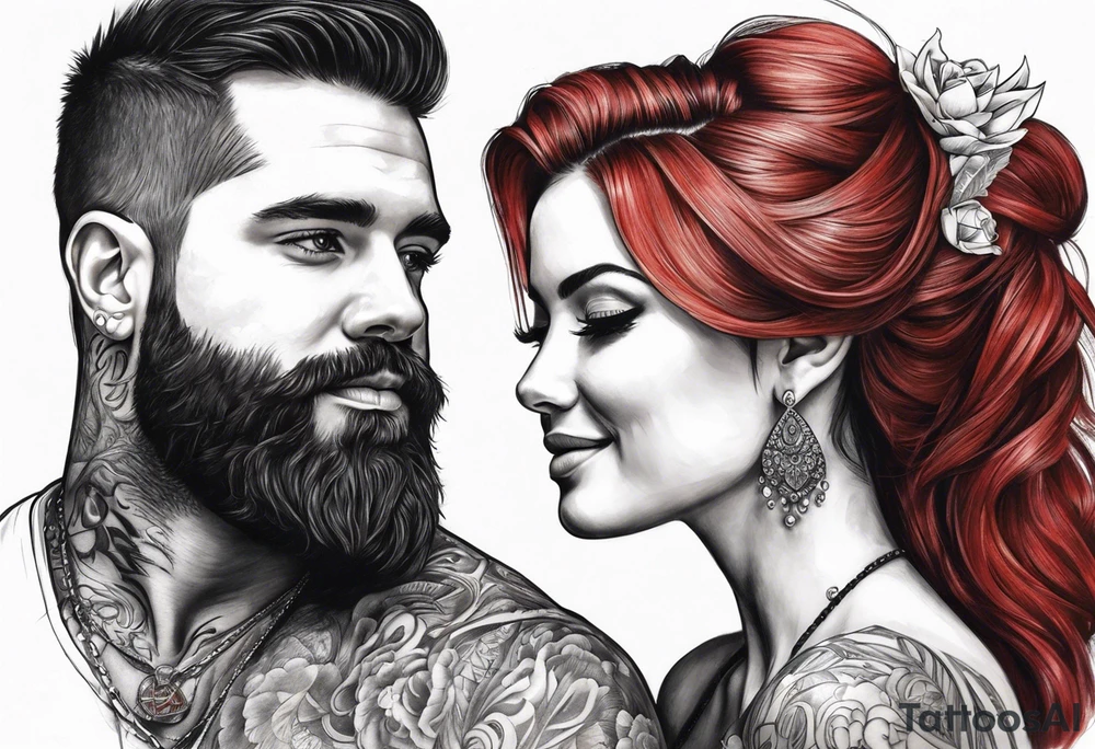 Busty red haired woman with a bearded man who has black hair getting married tattoo idea