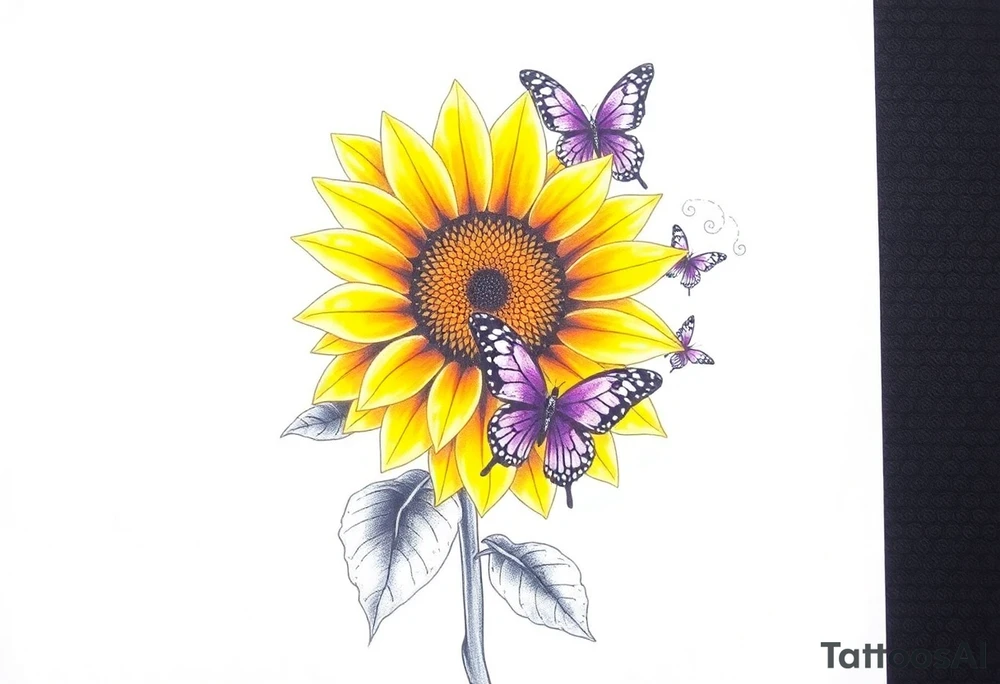 Sunflower with purple butterflies on side tattoo idea
