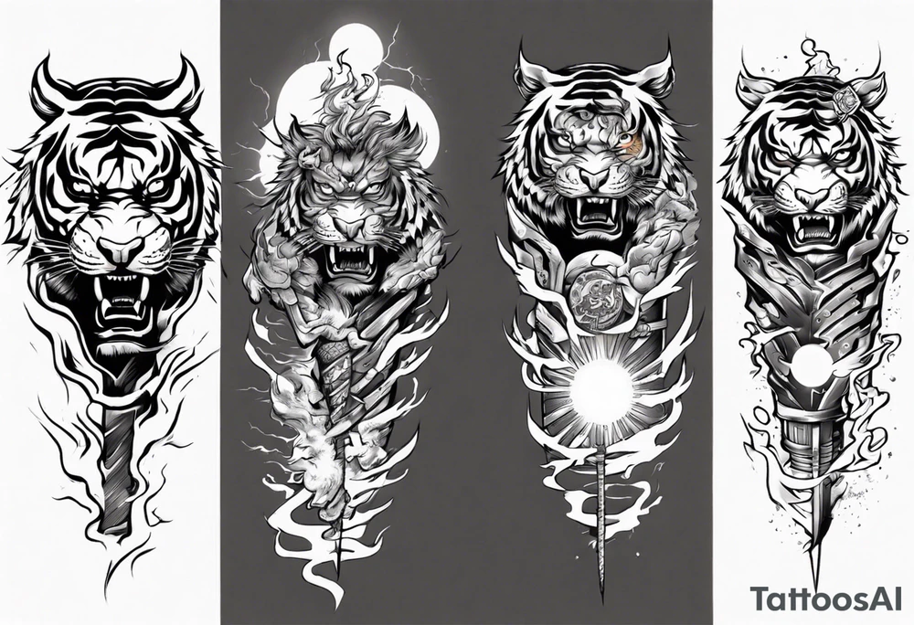 tiger warrior with lightning and the sun for a forearm sleeve tattoo idea