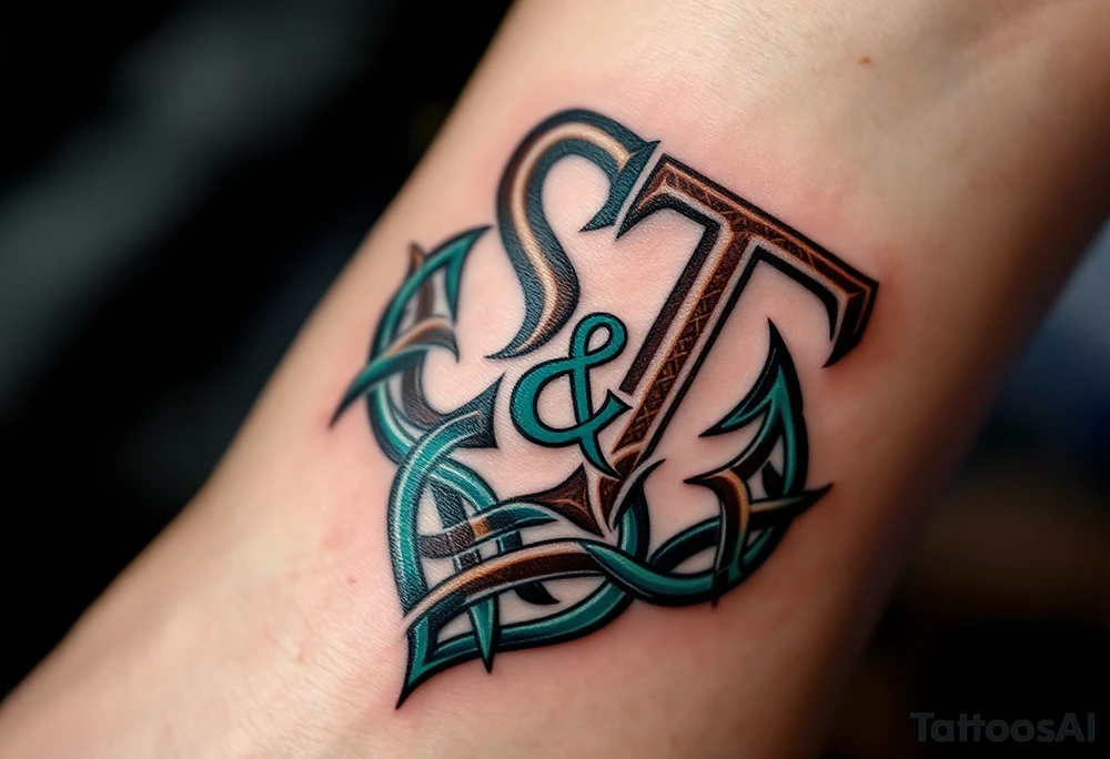 Celtic Knot Monogram – Forest green and dark brown “S & T” intertwined with a Celtic knot forming the base of the letters. tattoo idea