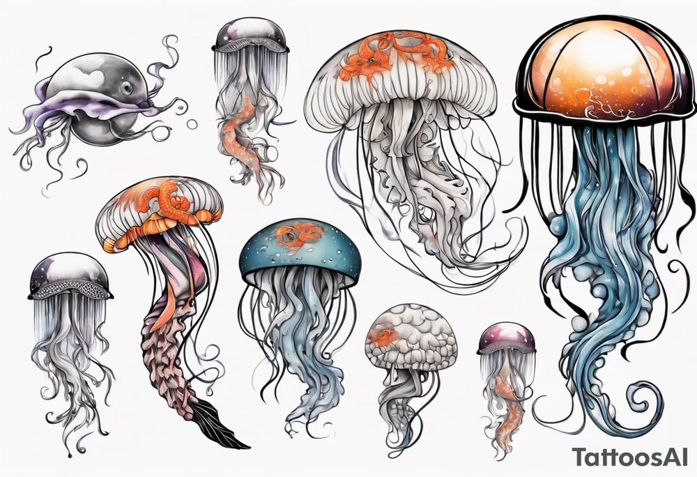 1 jellyfish with the moon in the lid. Then with mini koi carp and jellyfish swimming amongst the tentacles tattoo idea