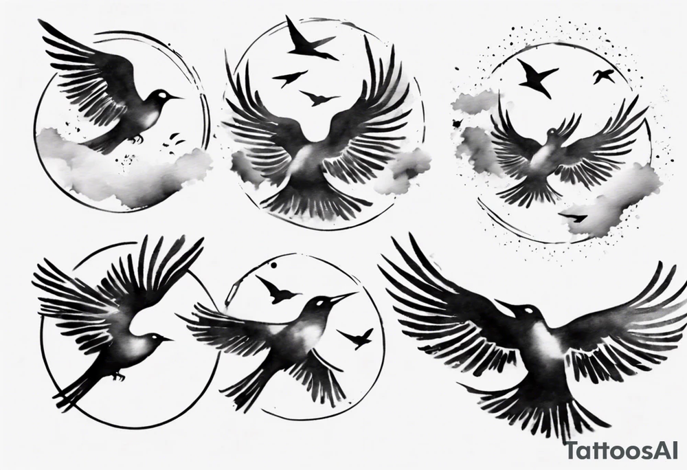 shoulder tattoo with light rays with birds flying free among the clouds, round shape, 3d effect tattoo idea