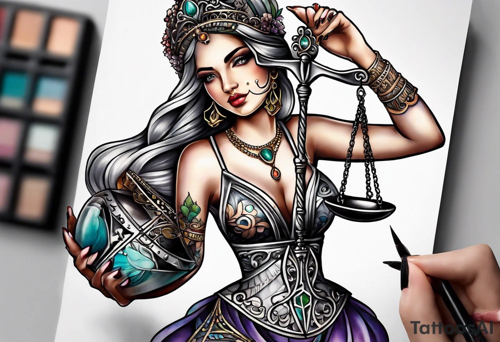 Intricate libra scales held by a beautiful woman tattoo idea