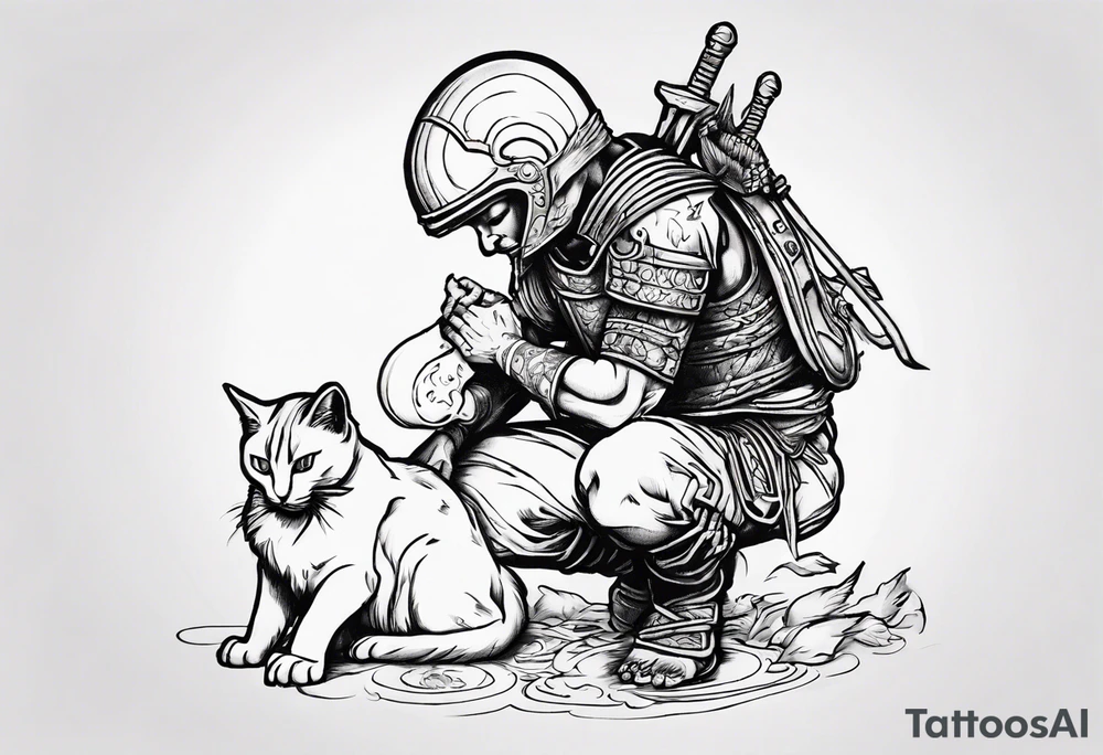Warrior kneeling down feeding a cat with the world on his shoulders. You can’t be peaceful without being capable of violence tattoo idea