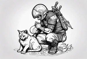 Warrior kneeling down feeding a cat with the world on his shoulders. You can’t be peaceful without being capable of violence tattoo idea